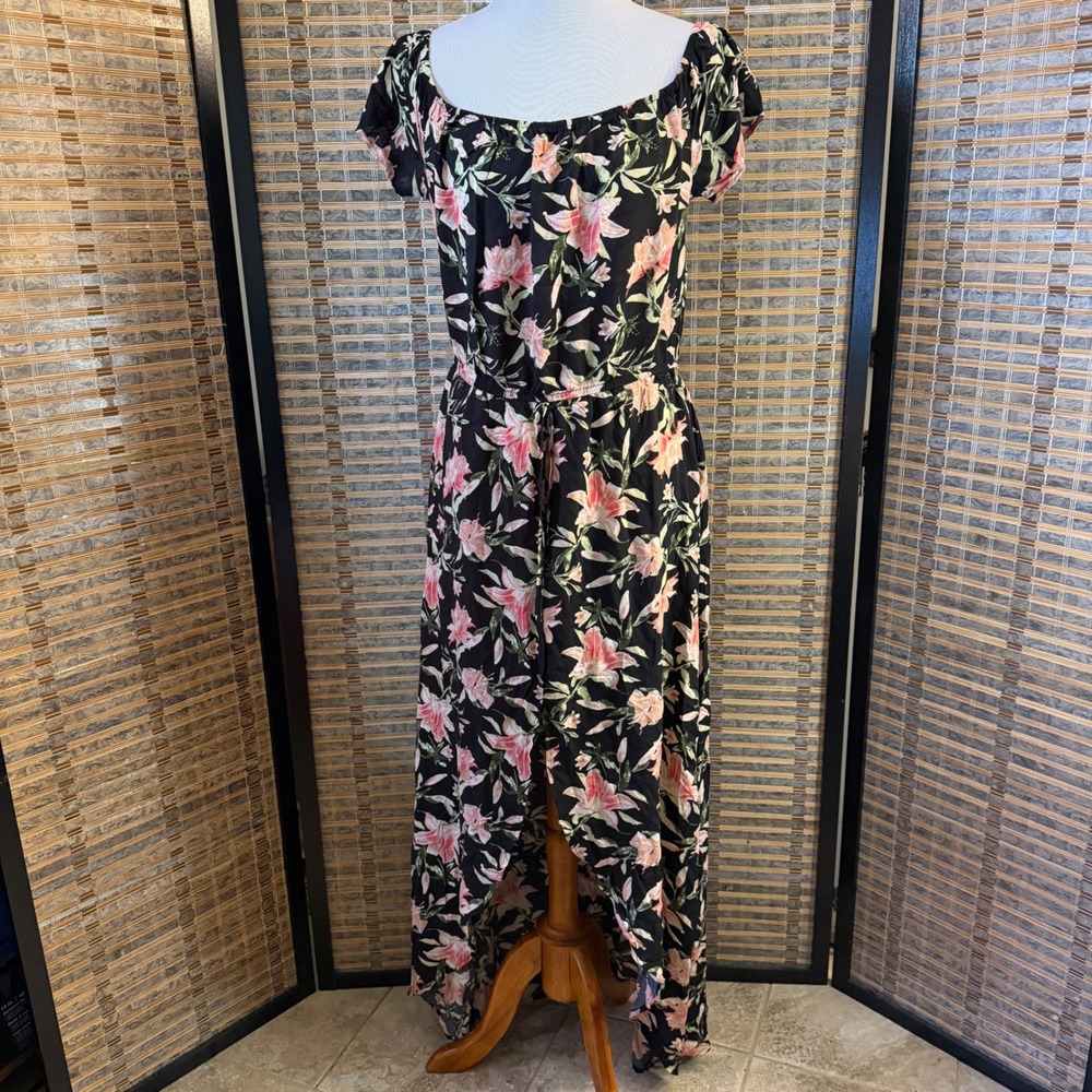 Marina Floral Maxi Dress Women 16 XL Black Pink Lily High Low Off The Shoulder